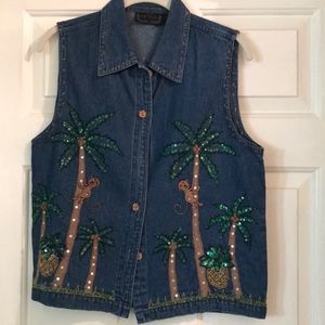 Denim and sequin vest with monkeys